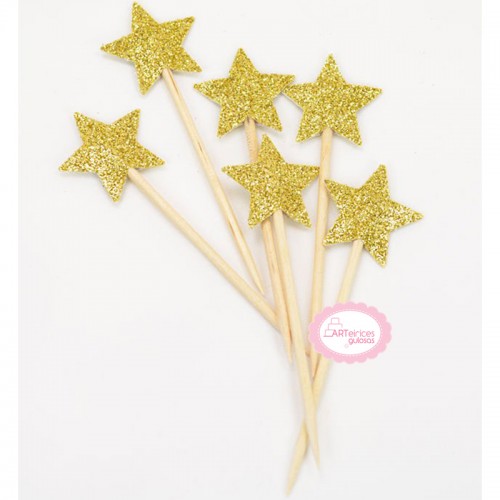 Mini Toppers Estrelas Glitter Dourado